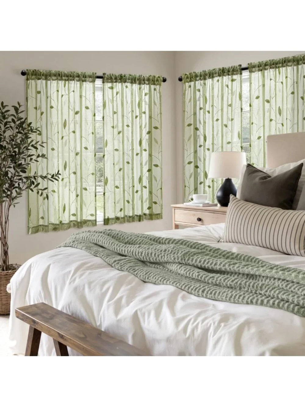 Sage Green Sheer Curtains - 2 Panels with Leaf Pattern, W52 x L45, Light